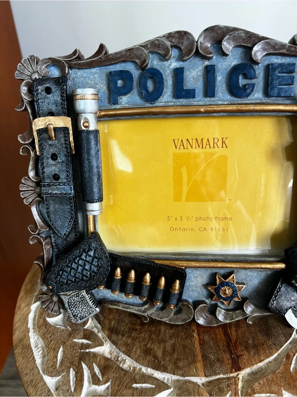 Vtg Vanmark Police-Themed Photo Frame in Blue and Silver